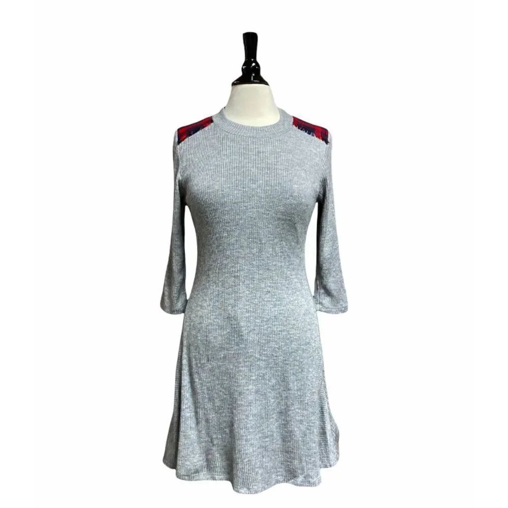 THML Gray & Plaid 3/4 Sleeve Ribbed Crew Neck Dress Size Medium NWT